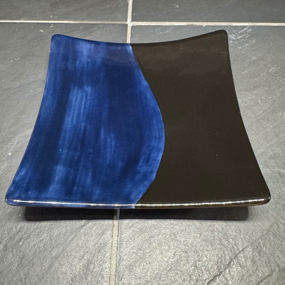 Vintage Signed Studio Pottery Square Plate Blue Brown Glazed Ceramic Art 1997
